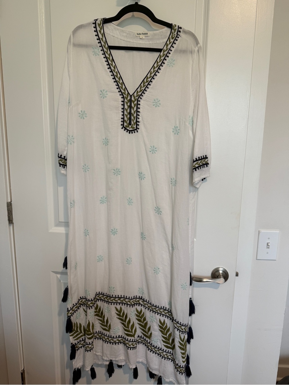 Roller Rabbit Embroidered White Kaftan Dress with Olive and Navy Accents